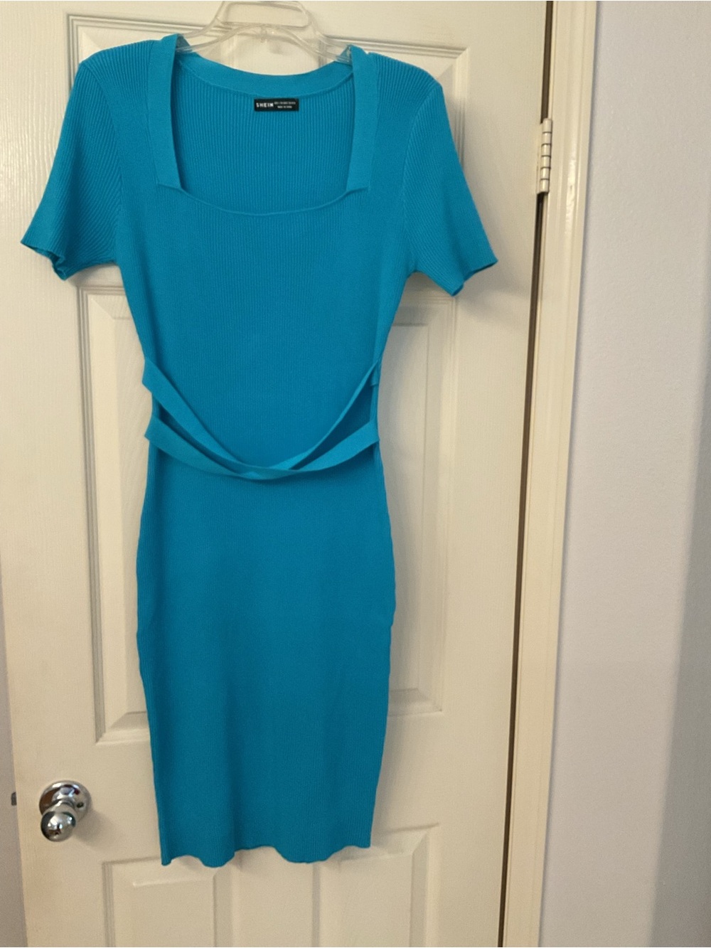 Ribbed Square-Neck Turquoise Bodycon Dress